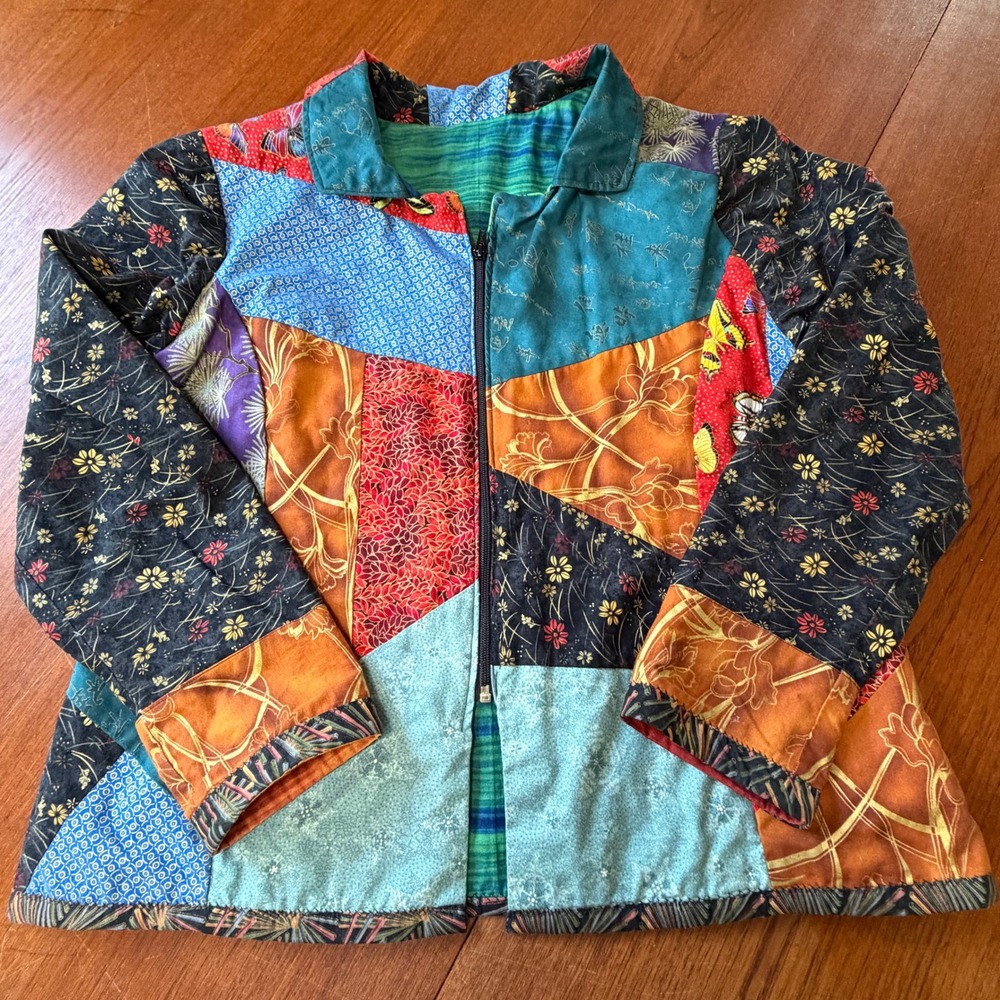 Vintage Handmade Patchwork Zip Front Jacket Multi Color Butterfly Floral Boho